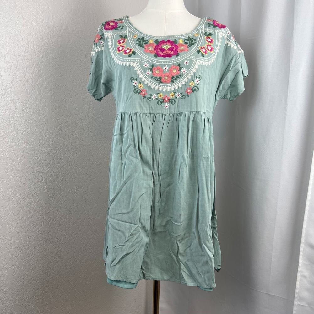 Savanna Jane Tunic Top Womens Small Green/Blue Floral Boho Festival Flowy Summer